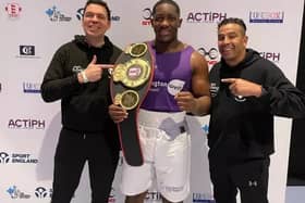 Heart of Portsmouth's Derrick Osalodor, here with his coaching team, has won the England Boxing National Amateur Championships super-heavyweight title.