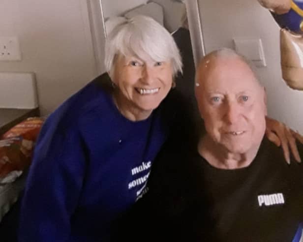 Sue Hughes with her husband, Pete, who died of mesothelioma in 2023. Sue is trying find out if the disease was work related.