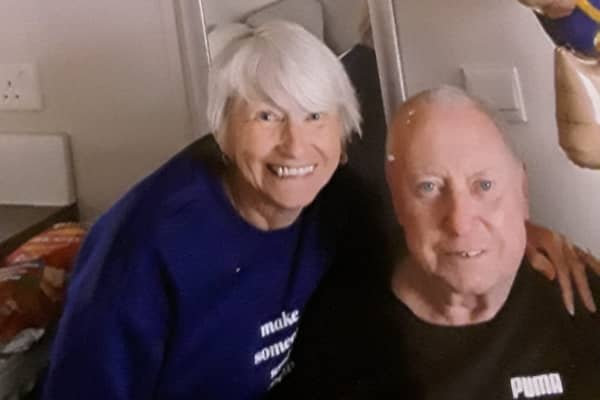 Sue Hughes with her husband, Pete, who died of mesothelioma in 2023. Sue is trying find out if the disease was work related.