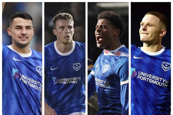 Pompey will move to tie down the futures of key assets like (left to right) Regan Poole, Conor Shaughnessy, Kusini Yengi and Colby Bishop.
