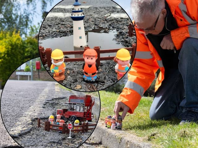 Tim Webb, 66, is trying to highlight the pothole issue - by photographing toys at some of the 'greatest' pothole sites in his local area.