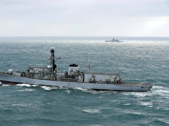 Type 23 frigate HMS Westminster (foreground) with the Russian frigate Boiky as it escorts four Russian vessels through the English Channel. Type 23 frigates HMS Argyll and HMS Westminster will be retired as Defence Secretary Grant Shapps confirmed that up to six multi-role support ships (MRSS) are set to be built. Picture: Ministry of Defence/Crown copyright/PA Wire