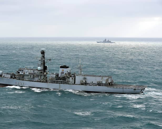 Type 23 frigate HMS Westminster (foreground) with the Russian frigate Boiky as it escorts four Russian vessels through the English Channel. Type 23 frigates HMS Argyll and HMS Westminster will be retired as Defence Secretary Grant Shapps confirmed that up to six multi-role support ships (MRSS) are set to be built. Picture: Ministry of Defence/Crown copyright/PA Wire
