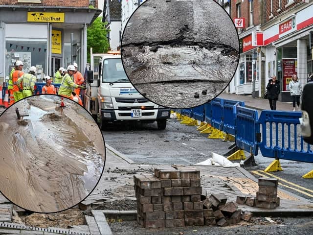 Pavements were torn up and parts of the road surface was washed away after over 40mm of rain fell in just an hour, in Ross-on-Wye, Herefordshire.