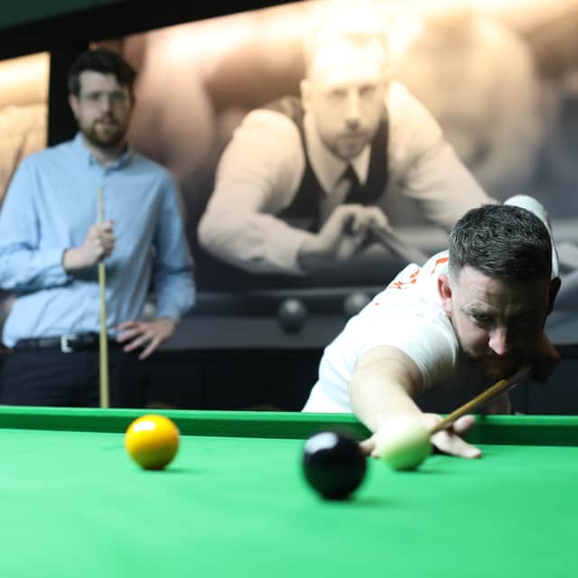 Portsmouth singles snooker champion lines up a shot as I try and watch and learn. Nick is concerned about the future of the game in the UK.