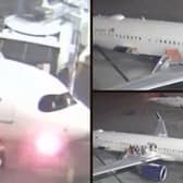 Plane's nose catches fire and passengers evacuate on slide.