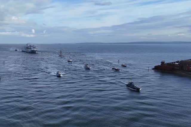 The convoy carrying France's Freedom Flame sailing into Portsmouth on May 14. Picture: My Portsmouth By Drone