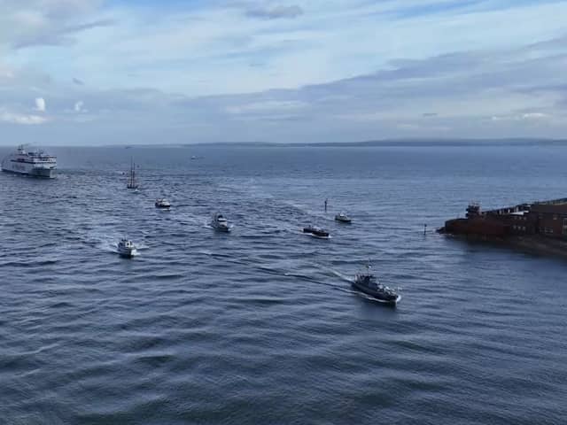 The convoy carrying France's Freedom Flame sailing into Portsmouth on May 14. Picture: My Portsmouth By Drone