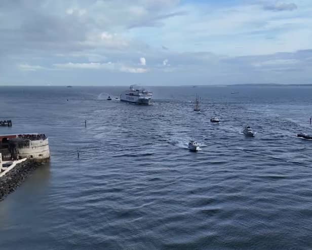 The convoy carrying France's Freedom Flame sailing into Portsmouth on May 14. Picture: Kevin Fryer - My Portsmouth By Drone