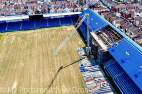 Drone image from My Portsmouth By Drone have brilliantly captured the new TV gantry being built on the South Stand.