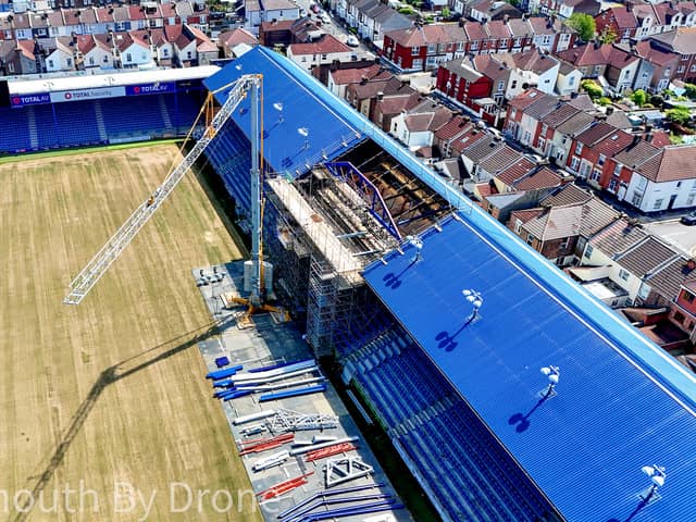 Drone image from My Portsmouth By Drone have brilliantly captured the new TV gantry being built on the South Stand.