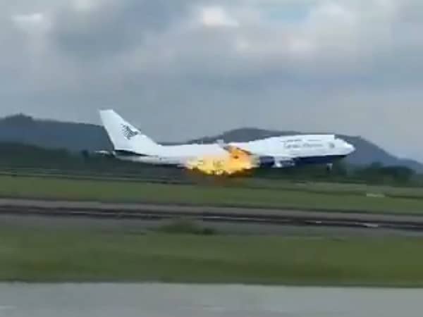 Boeing plane’s engine catches fire after take-off.