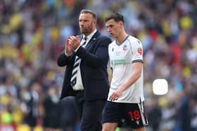 Bolton boss Ian Evatt with defender Eoin Toal after their Wembley play-off final defeat to Oxford United. Pic: Getty.