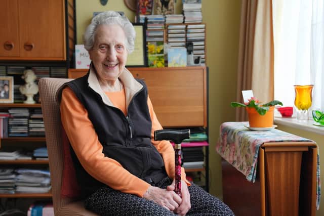 D-Day veteran Marie Scott, who worked on the switchboard in the tunnels under Fort Southwick in Portsmouth, and transmitted messages to and from the beaches, at her home in New Malden, south west London, ahead of the 80th anniversary of DDay. Picture date: Thursday April 4, 2024. PA Photo. See PA story MEMORIAL DDay Scott. Photo credit should read: Jonathan Brady/PA Wire