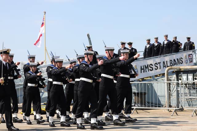 HMS St Albans will be heading to Plymouth for further operations. Pictured is the ship's company marching during the HMNB Portsmouth ceremony. Picture: Royal Navy