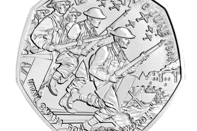 A D-Day 80th anniversary 50p coin reverse. Designed by David Lawrence and supported by the experts at the Imperial War Museums, the design portrays Allied soldiers landing in Normandy. Issue date: Monday May 20, 2024. Picture: Royal Mint/PA Wire
