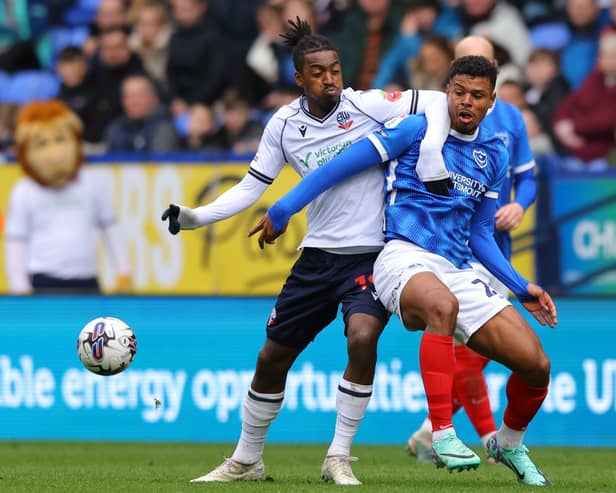 Bolton's Paris Maghoma battles Pompey midfielder Tino Anjorin for the ball during the Blues' trip to the Toughsheet Community Stadium in April