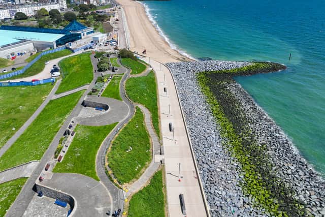 The new sea defences in front of Castle Field