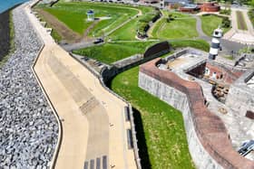 The new sea defences in front of Southsea castle - including the Theatre of the Sea