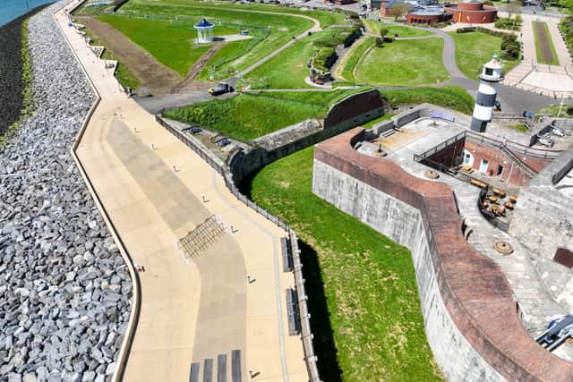 The new sea defences in front of Southsea Castle - including the Theatre of the Sea