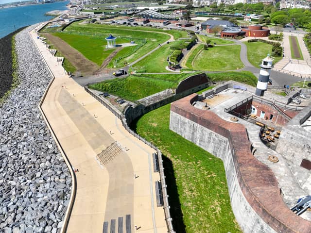 The new sea defences in front of Southsea castle - including the Theatre of the Sea