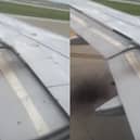 Plane’s engine catches fire as black smoke billows from wing.