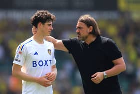 Daniel Farke with Leeds United's Archie Gray. Leeds suffered a 1-0 defeat that sees them remain in the Championship next season