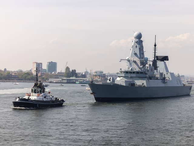 HMS Duncan has been deployed to the Red Sea to protect vital trade routes and merchant ships from Iranian-backed Houthi rebels in Yemen. Pictured is the Type 45 destroyer Heading out of HMNB Portsmouth on May 27.