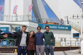 Robina Talbot-Ponsonby, 71, abseiled the Spinnaker Tower for Portsmouth Bowel Cancer Appeal with her three sons, Henry, James, and Alexander.