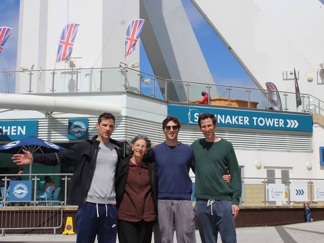 Robina Talbot-Ponsonby, 71, abseiled the Spinnaker Tower for Portsmouth Bowel Cancer Appeal with her three sons, Henry, James, and Alexander.