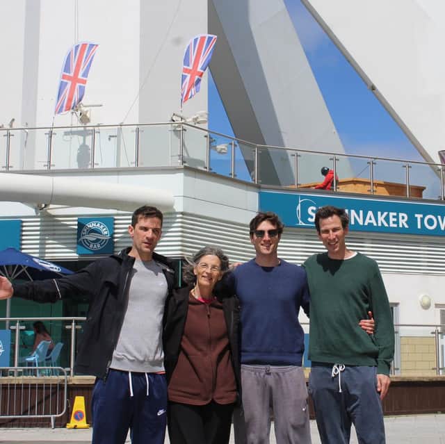 Robina Talbot-Ponsonby, 71, abseiled the Spinnaker Tower for Portsmouth Bowel Cancer Appeal with her three sons, Henry, James, and Alexander.