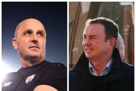 Former Pompey boss Paul Cook, left, and rival Derek Adams