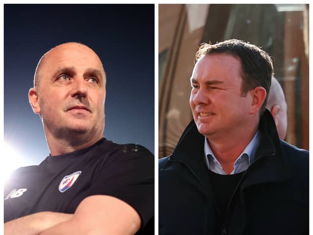 Former Pompey boss Paul Cook, left, and rival Derek Adams