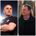 Former Pompey boss Paul Cook, left, and rival Derek Adams