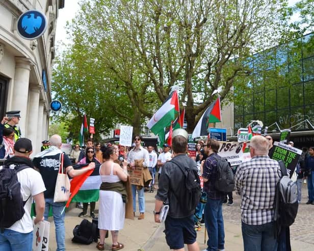 Pro Palestinian protesters took to Commercial Road at the weekend as they targeted Barclays Bank for supposed links to weapons manufacturers.