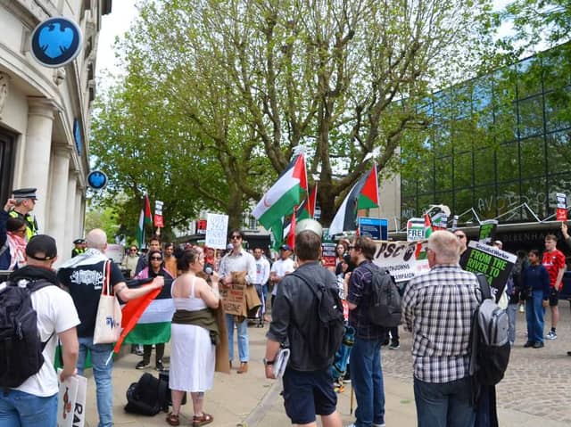 Pro Palestinian protesters took to Commercial Road at the weekend as they targeted Barclays Bank for supposed links to weapons manufacturers.