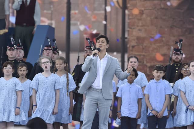 Pictured is: Zak Abel, singer and songwriter, performed with the children's choir during the D-Day 80 commemorations. Picture: Sarah Standing (050624-3828)