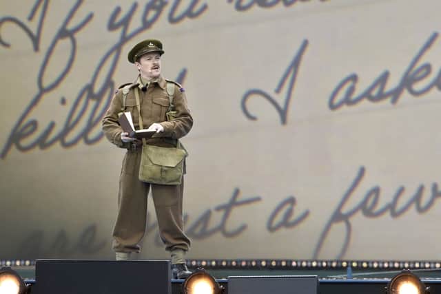 Actor Jonny Weldon (30) from Bournemouth, shed a tear while reciting the letter of Captain Jack Lee to his wife and children - D-Day 80 commemorations on Southsea Common. Picture: Sarah Standing (050624-3761)