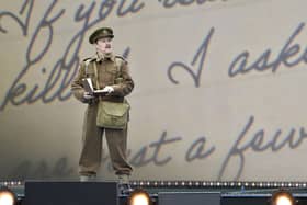 Actor Jonny Weldon (30) from Bournemouth, shed a tear while reciting the letter of Captain Jack Lee to his wife and children - D-Day 80 commemorations on Southsea Common. Picture: Sarah Standing (050624-3761)