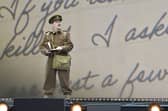 Actor Jonny Weldon (30) from Bournemouth, shed a tear while reciting the letter of Captain Jack Lee to his wife and children - D-Day 80 commemorations on Southsea Common. Picture: Sarah Standing (050624-3761)
