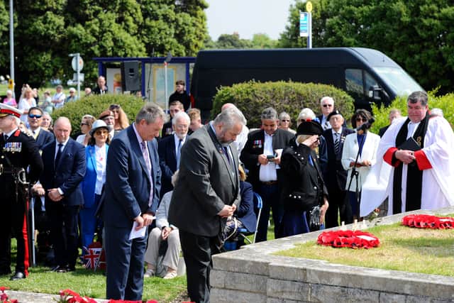 Veterans, military personnel, dignitaries and civilians all gathered to pay their respects at the D-Day memorial stone in Southsea. Picture: Sarah Standing (060624-431)