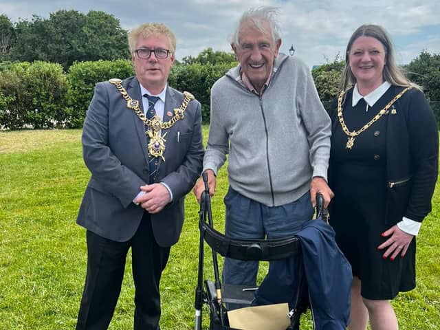 Arthur Reading, 99, A D-Day veteran, helped young people to clean up the beaches in Southsea ahead of the Normandy Landings commemorations. Pictured is Arthur in the middle of the Lord Mayor and Mayoress of Portsmouth.