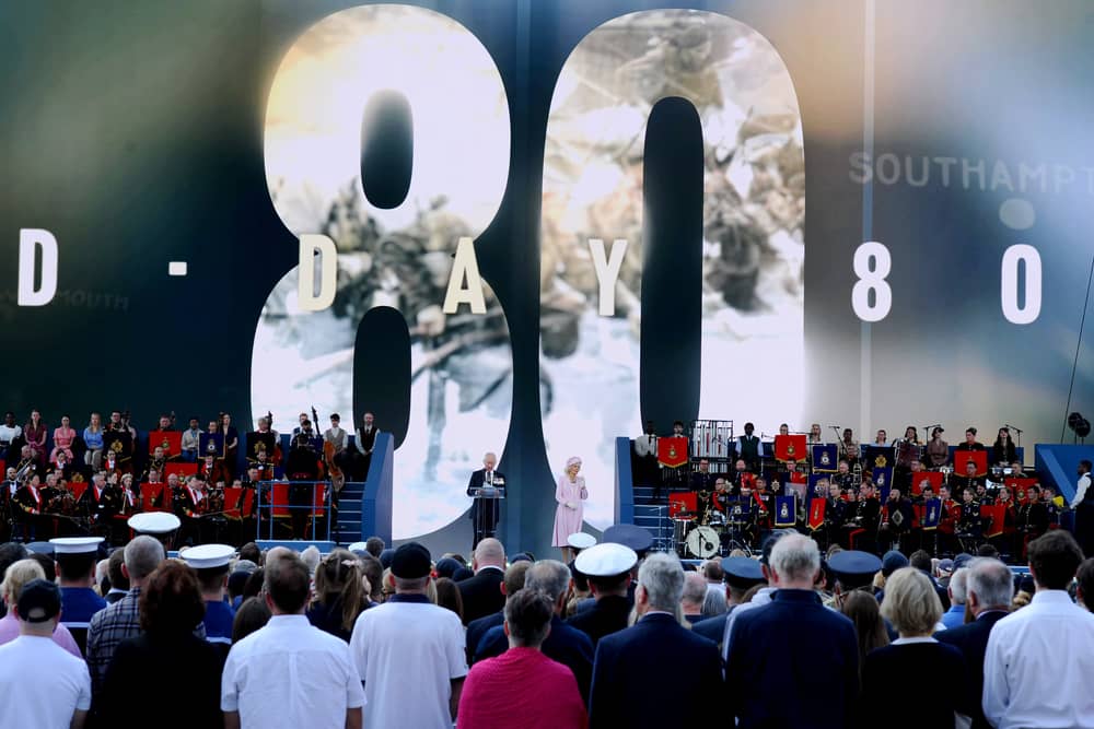 D Day 80 commemorations on Southsea Common, Southsea, on Wednesday, June 5, 2024. Pictured is: HRH King Charles and Queen Camilla. Picture: Sarah Standing (050624-178)