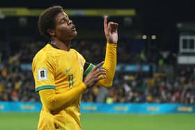 Pompey striker Kusini Yengi celebrates one of his two goals for the Socceroos in their 5-0 World Cup qualifying win over Palestine. Pic: Getty