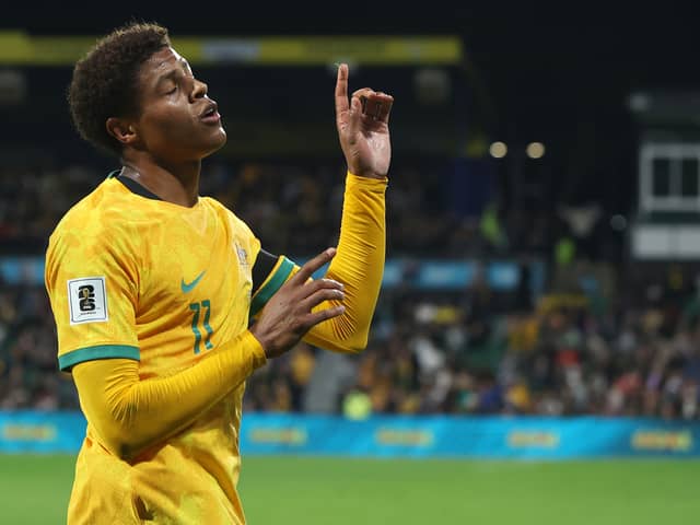 Pompey striker Kusini Yengi celebrates one of his two goals for the Socceroos in their 5-0 World Cup qualifying win over Palestine. Pic: Getty