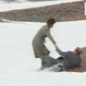 Neil Kinnock falls over on Brighton seafront in 1983.
