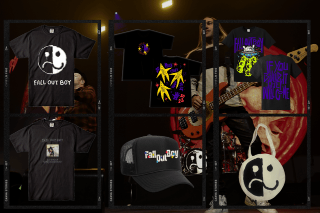 Could one of these Fall Out Boy items be for sale at Download Festival 2024 - including the glow-in-the-dark "UFO" shirt (top right) (Credit: Getty Images/Fall Out Boy/Canva)