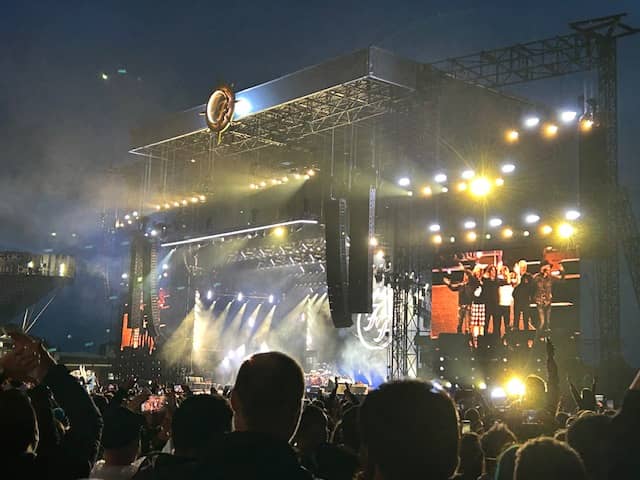 Foo Fighters perform at Old Trafford Cricket Ground in Manchester.