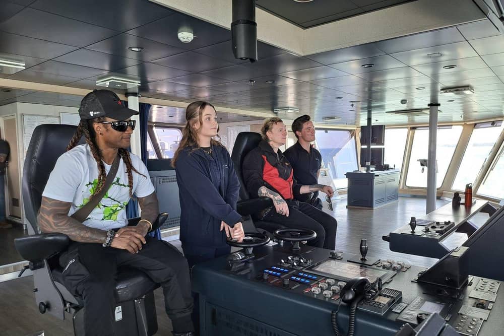 The Prodigy’s Liam Howlett and Maxim on the bridge of Wightlink ferry to the Isle of Wight.