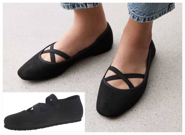 New Look's ballet flats, main image, compared to Birkenstocks' Santa Ana shoes inset